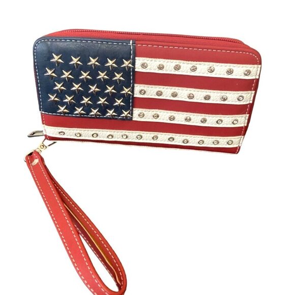 USA American Flag Patriotic‎ Studded Purse Wallet Wristlet - Picture 1 of 5